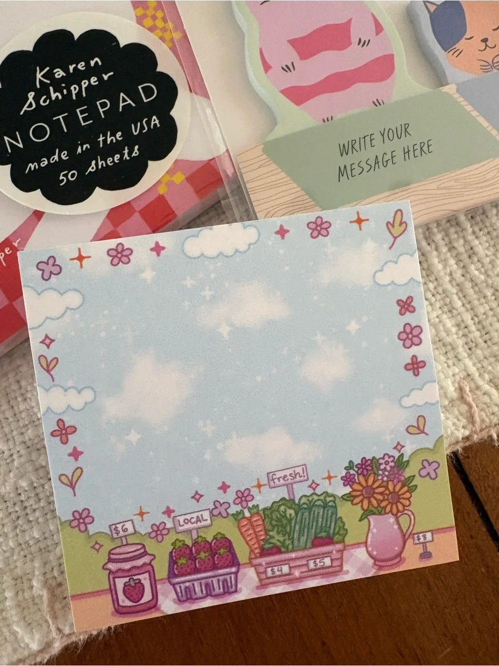 Karen Schipper Pink Plaid Notepad + Cat Pop-Up Sticky Notes